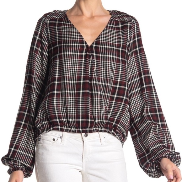 SANCTUARY Maroon Plaid Surplice Blouse - Picture 1 of 10